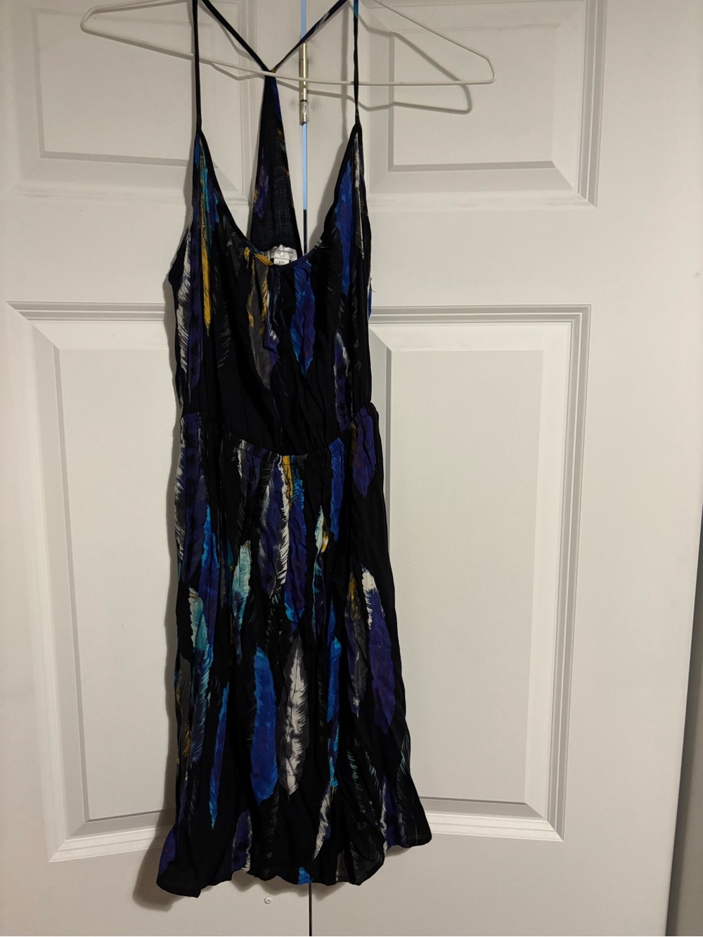 Black Strappy Dress with Blue & Teal Feather Print